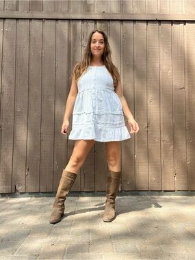 Free People Light Blue Tiered Striped Button-Front Tunic Tank Adjustable Small